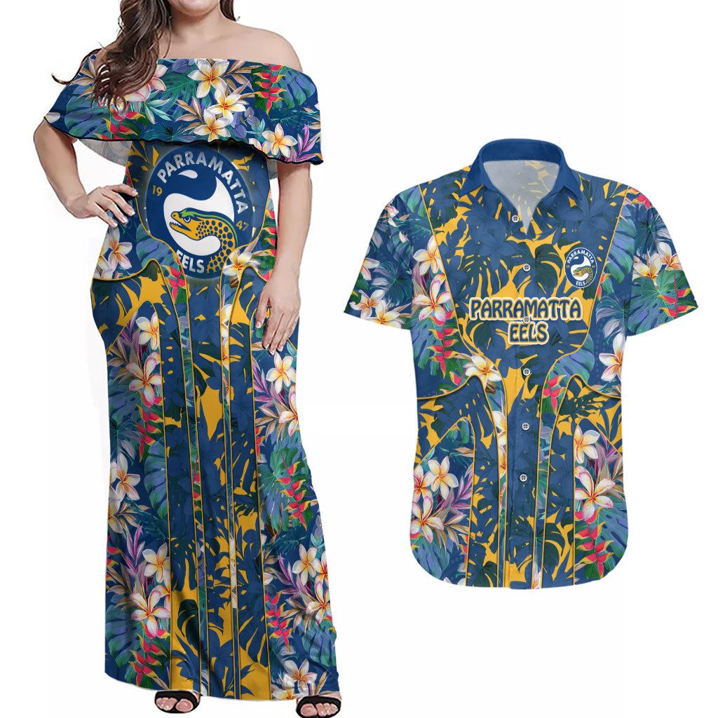Parramatta Eels Couples Matching Off Shoulder Maxi Dress and Hawaiian Shirt Tropical Hibiscus Floral Pattern With Blue And Yellow Accents