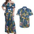 Parramatta Eels Couples Matching Off Shoulder Maxi Dress and Hawaiian Shirt Tropical Hibiscus Floral Pattern With Blue And Yellow Accents