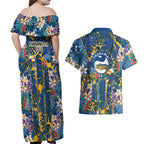 Parramatta Eels Couples Matching Off Shoulder Maxi Dress and Hawaiian Shirt Tropical Hibiscus Floral Pattern With Blue And Yellow Accents