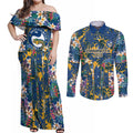 Parramatta Eels Couples Matching Off Shoulder Maxi Dress and Long Sleeve Button Shirt Tropical Hibiscus Floral Pattern With Blue And Yellow Accents