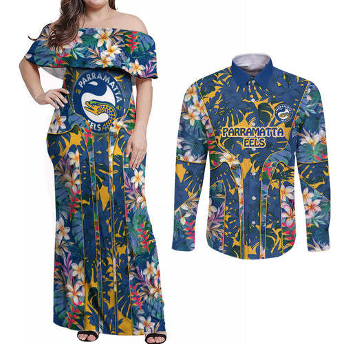 Parramatta Eels Couples Matching Off Shoulder Maxi Dress and Long Sleeve Button Shirt Tropical Hibiscus Floral Pattern With Blue And Yellow Accents
