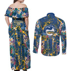 Parramatta Eels Couples Matching Off Shoulder Maxi Dress and Long Sleeve Button Shirt Tropical Hibiscus Floral Pattern With Blue And Yellow Accents