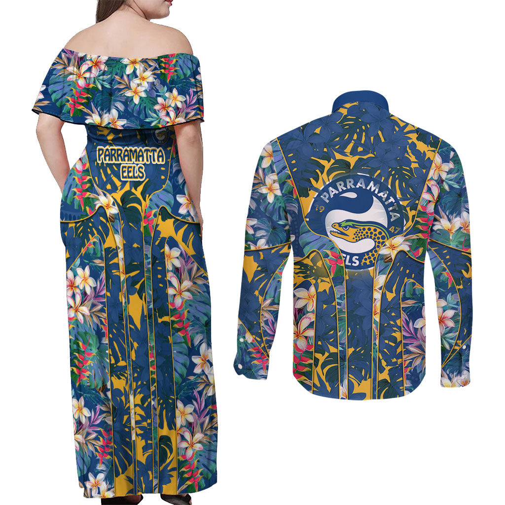 Parramatta Eels Couples Matching Off Shoulder Maxi Dress and Long Sleeve Button Shirt Tropical Hibiscus Floral Pattern With Blue And Yellow Accents