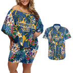 Parramatta Eels Couples Matching Off Shoulder Short Dress and Hawaiian Shirt Tropical Hibiscus Floral Pattern With Blue And Yellow Accents