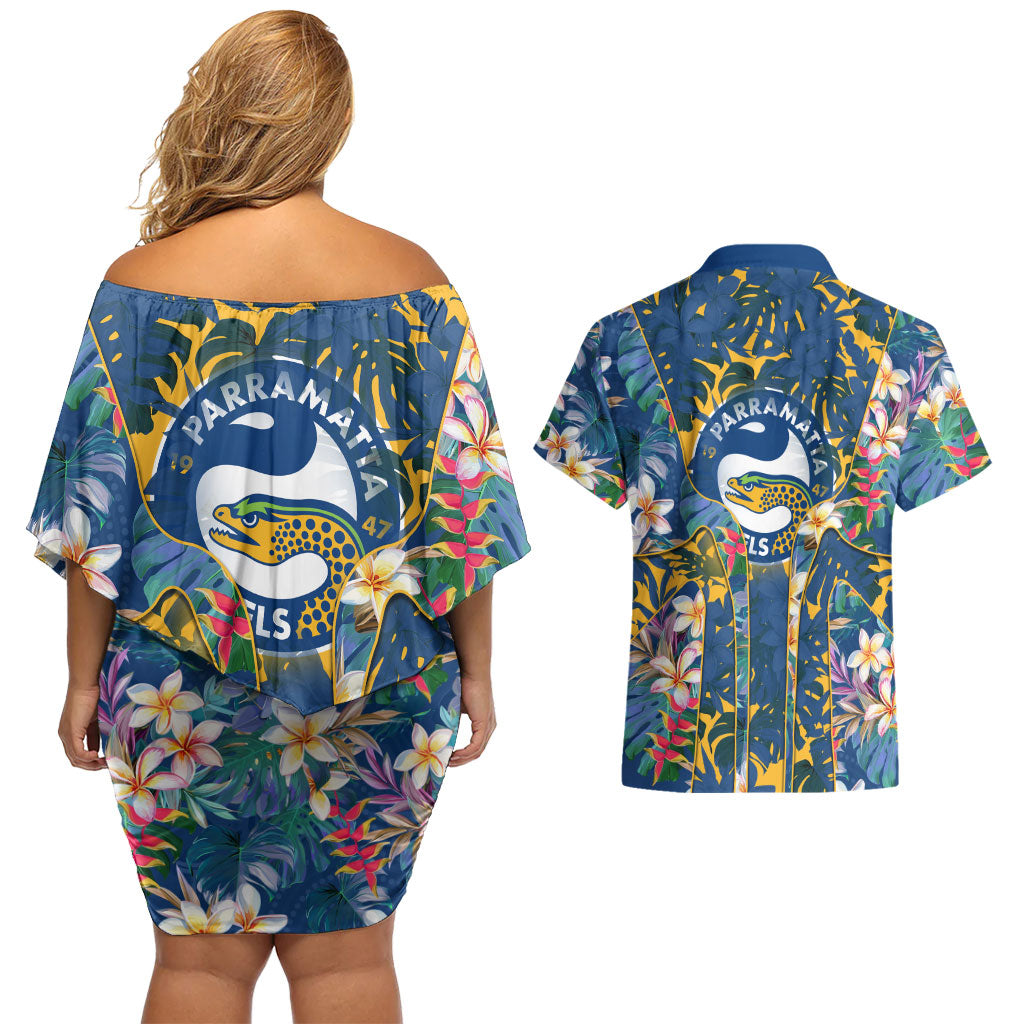 Parramatta Eels Couples Matching Off Shoulder Short Dress and Hawaiian Shirt Tropical Hibiscus Floral Pattern With Blue And Yellow Accents