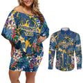 Parramatta Eels Couples Matching Off Shoulder Short Dress and Long Sleeve Button Shirt Tropical Hibiscus Floral Pattern With Blue And Yellow Accents
