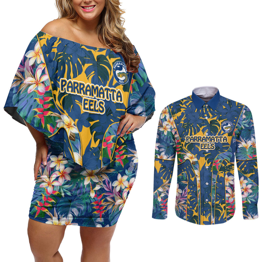 Parramatta Eels Couples Matching Off Shoulder Short Dress and Long Sleeve Button Shirt Tropical Hibiscus Floral Pattern With Blue And Yellow Accents