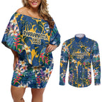 Parramatta Eels Couples Matching Off Shoulder Short Dress and Long Sleeve Button Shirt Tropical Hibiscus Floral Pattern With Blue And Yellow Accents