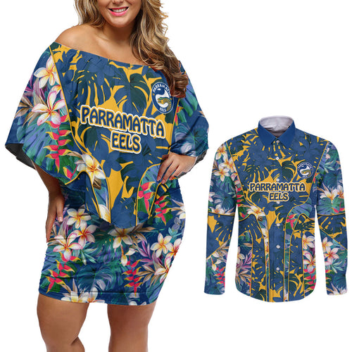 Parramatta Eels Couples Matching Off Shoulder Short Dress and Long Sleeve Button Shirt Tropical Hibiscus Floral Pattern With Blue And Yellow Accents