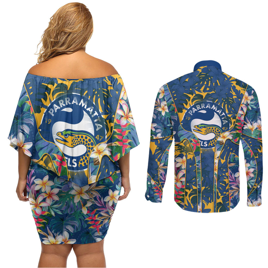 Parramatta Eels Couples Matching Off Shoulder Short Dress and Long Sleeve Button Shirt Tropical Hibiscus Floral Pattern With Blue And Yellow Accents