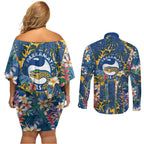 Parramatta Eels Couples Matching Off Shoulder Short Dress and Long Sleeve Button Shirt Tropical Hibiscus Floral Pattern With Blue And Yellow Accents
