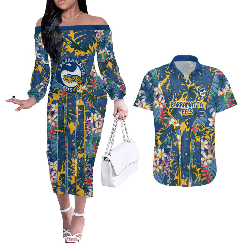 Parramatta Eels Couples Matching Off The Shoulder Long Sleeve Dress and Hawaiian Shirt Tropical Hibiscus Floral Pattern With Blue And Yellow Accents