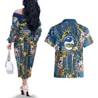 Parramatta Eels Couples Matching Off The Shoulder Long Sleeve Dress and Hawaiian Shirt Tropical Hibiscus Floral Pattern With Blue And Yellow Accents