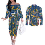 Parramatta Eels Couples Matching Off The Shoulder Long Sleeve Dress and Long Sleeve Button Shirt Tropical Hibiscus Floral Pattern With Blue And Yellow Accents