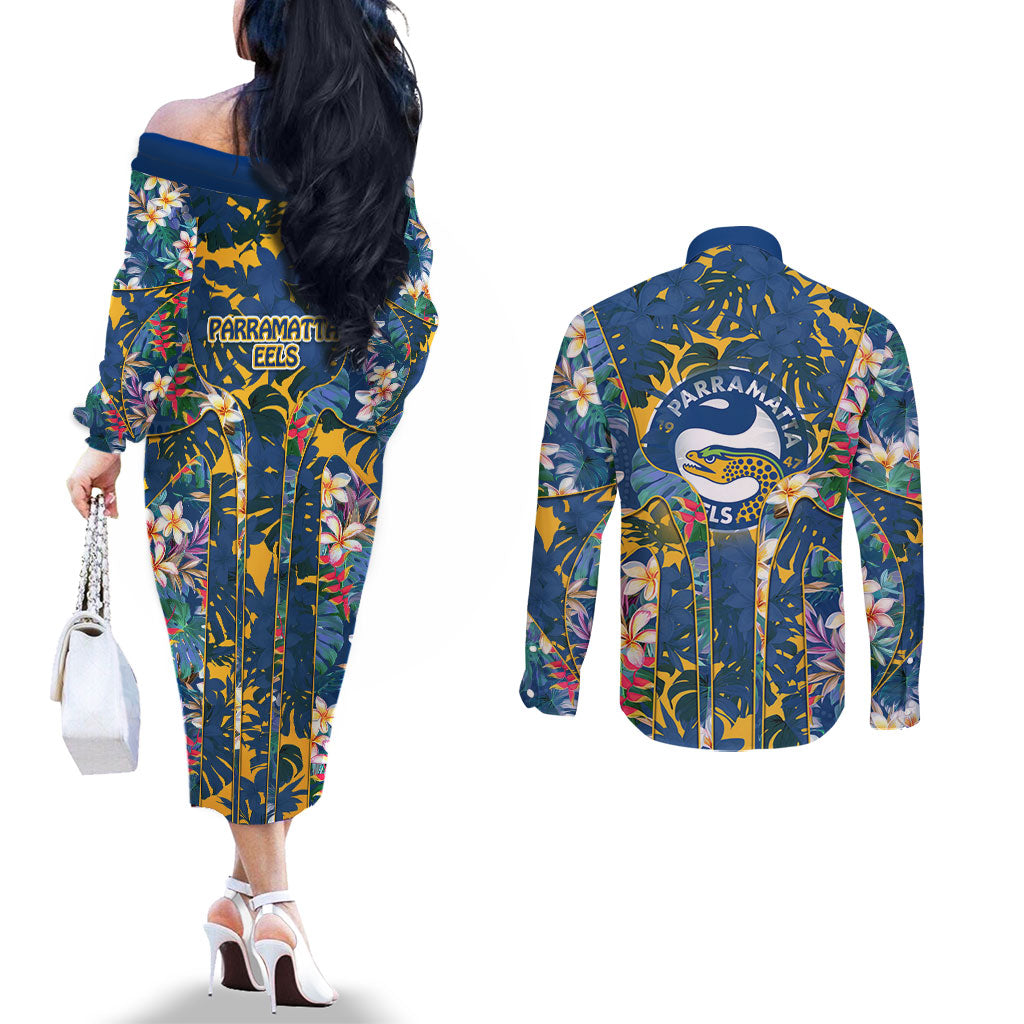 Parramatta Eels Couples Matching Off The Shoulder Long Sleeve Dress and Long Sleeve Button Shirt Tropical Hibiscus Floral Pattern With Blue And Yellow Accents