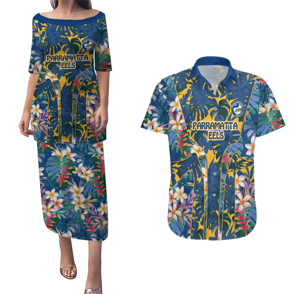 Parramatta Eels Couples Matching Puletasi and Hawaiian Shirt Tropical Hibiscus Floral Pattern With Blue And Yellow Accents