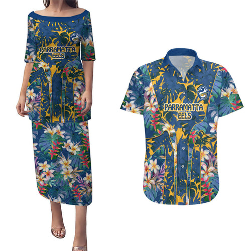 Parramatta Eels Couples Matching Puletasi and Hawaiian Shirt Tropical Hibiscus Floral Pattern With Blue And Yellow Accents