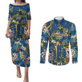 Parramatta Eels Couples Matching Puletasi and Long Sleeve Button Shirt Tropical Hibiscus Floral Pattern With Blue And Yellow Accents