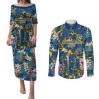 Parramatta Eels Couples Matching Puletasi and Long Sleeve Button Shirt Tropical Hibiscus Floral Pattern With Blue And Yellow Accents