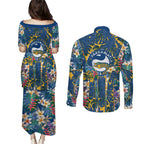 Parramatta Eels Couples Matching Puletasi and Long Sleeve Button Shirt Tropical Hibiscus Floral Pattern With Blue And Yellow Accents