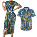 Parramatta Eels Couples Matching Short Sleeve Bodycon Dress and Hawaiian Shirt Tropical Hibiscus Floral Pattern With Blue And Yellow Accents