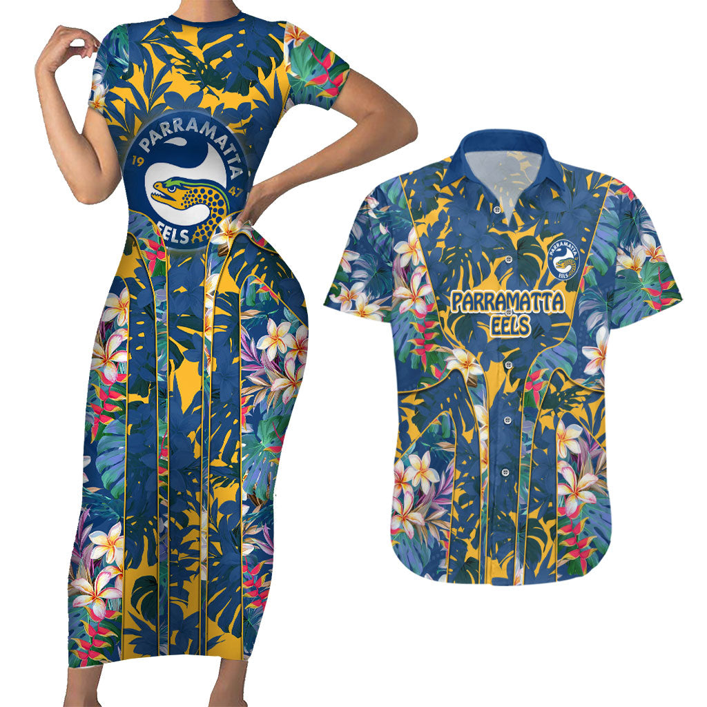Parramatta Eels Couples Matching Short Sleeve Bodycon Dress and Hawaiian Shirt Tropical Hibiscus Floral Pattern With Blue And Yellow Accents
