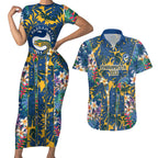 Parramatta Eels Couples Matching Short Sleeve Bodycon Dress and Hawaiian Shirt Tropical Hibiscus Floral Pattern With Blue And Yellow Accents