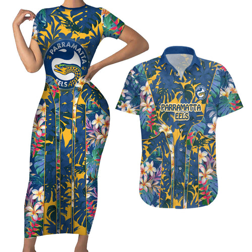 Parramatta Eels Couples Matching Short Sleeve Bodycon Dress and Hawaiian Shirt Tropical Hibiscus Floral Pattern With Blue And Yellow Accents