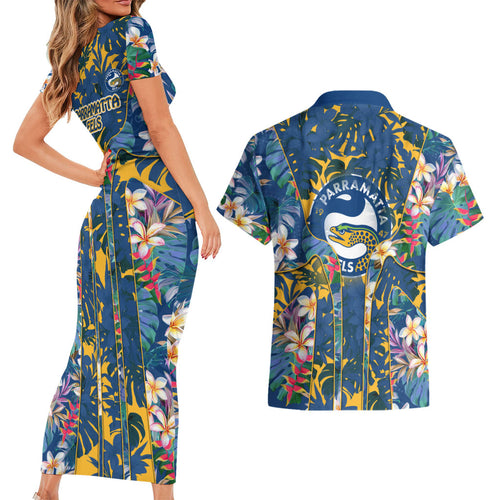 Parramatta Eels Couples Matching Short Sleeve Bodycon Dress and Hawaiian Shirt Tropical Hibiscus Floral Pattern With Blue And Yellow Accents