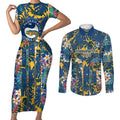 Parramatta Eels Couples Matching Short Sleeve Bodycon Dress and Long Sleeve Button Shirt Tropical Hibiscus Floral Pattern With Blue And Yellow Accents