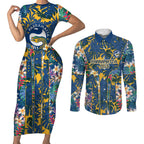 Parramatta Eels Couples Matching Short Sleeve Bodycon Dress and Long Sleeve Button Shirt Tropical Hibiscus Floral Pattern With Blue And Yellow Accents