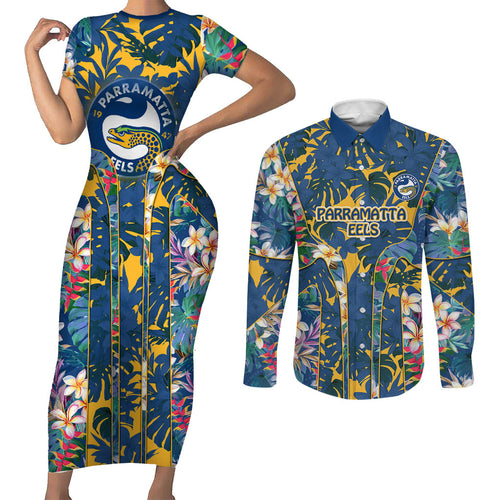 Parramatta Eels Couples Matching Short Sleeve Bodycon Dress and Long Sleeve Button Shirt Tropical Hibiscus Floral Pattern With Blue And Yellow Accents