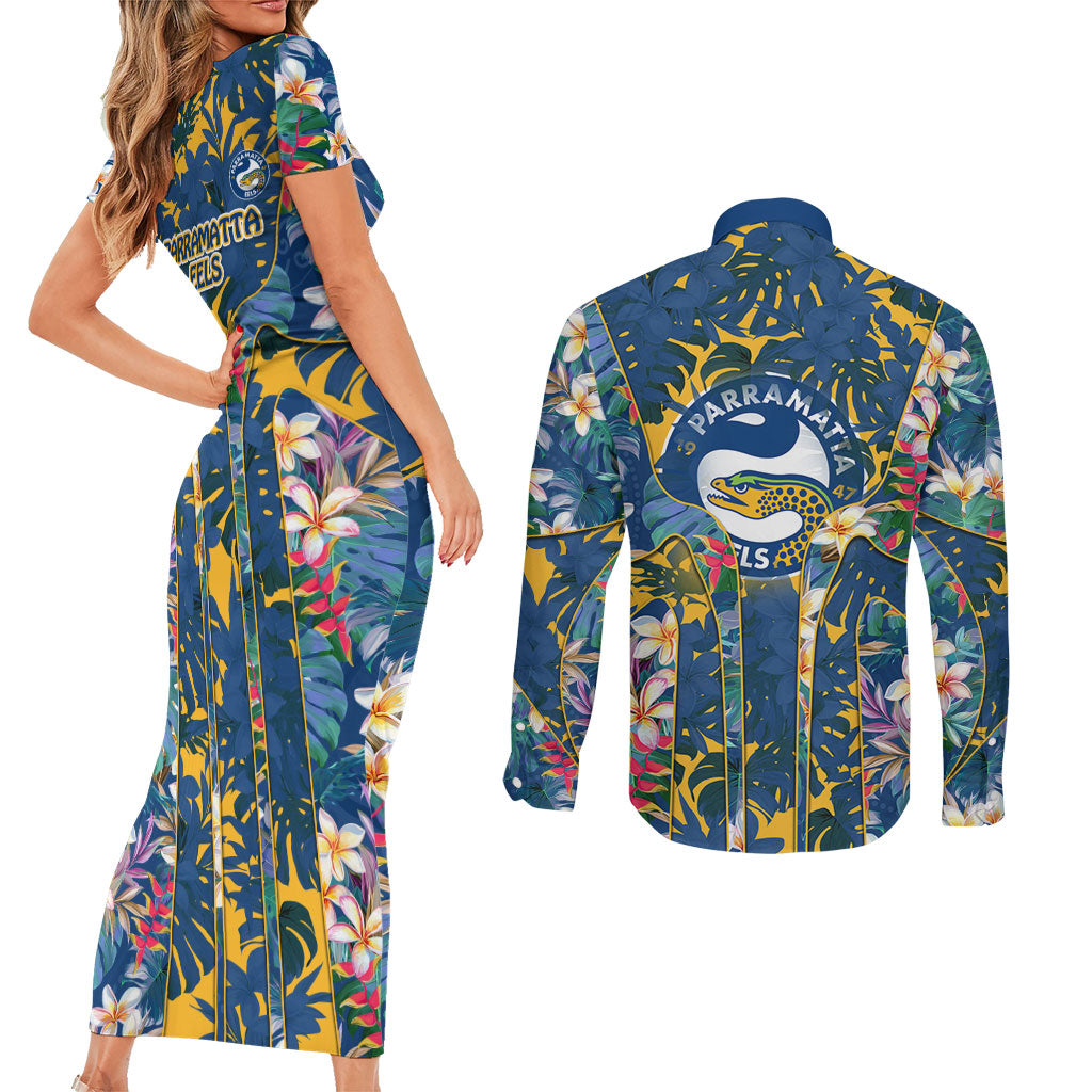 Parramatta Eels Couples Matching Short Sleeve Bodycon Dress and Long Sleeve Button Shirt Tropical Hibiscus Floral Pattern With Blue And Yellow Accents