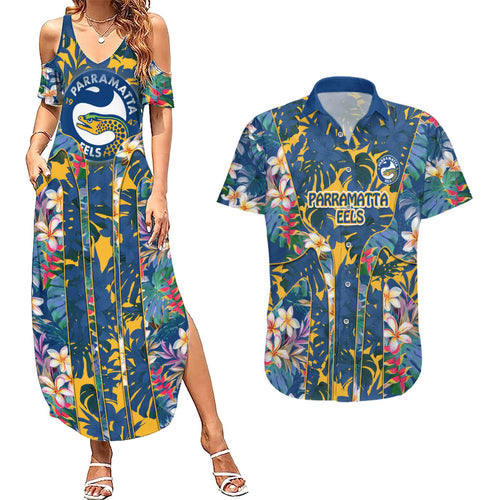 Parramatta Eels Couples Matching Summer Maxi Dress and Hawaiian Shirt Tropical Hibiscus Floral Pattern With Blue And Yellow Accents
