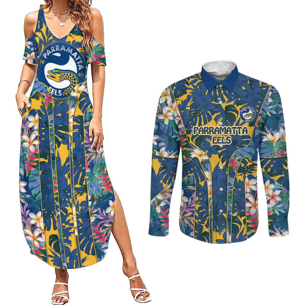 Parramatta Eels Couples Matching Summer Maxi Dress and Long Sleeve Button Shirt Tropical Hibiscus Floral Pattern With Blue And Yellow Accents