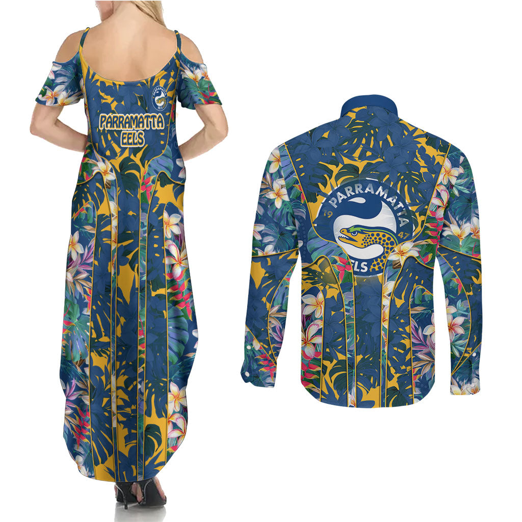 Parramatta Eels Couples Matching Summer Maxi Dress and Long Sleeve Button Shirt Tropical Hibiscus Floral Pattern With Blue And Yellow Accents