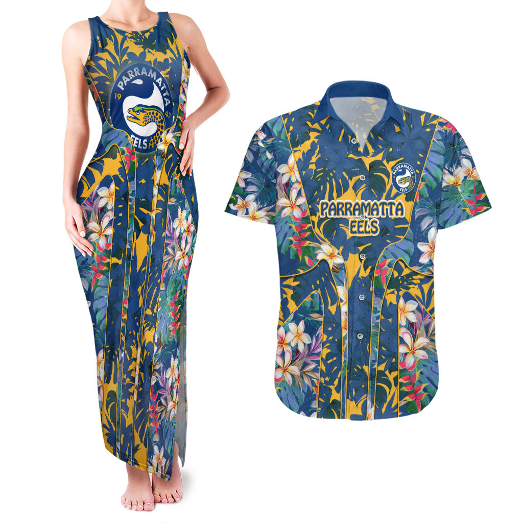 Parramatta Eels Couples Matching Tank Maxi Dress and Hawaiian Shirt Tropical Hibiscus Floral Pattern With Blue And Yellow Accents