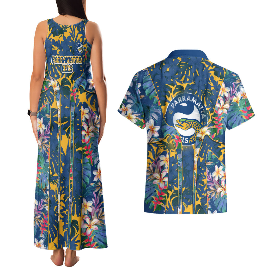 Parramatta Eels Couples Matching Tank Maxi Dress and Hawaiian Shirt Tropical Hibiscus Floral Pattern With Blue And Yellow Accents