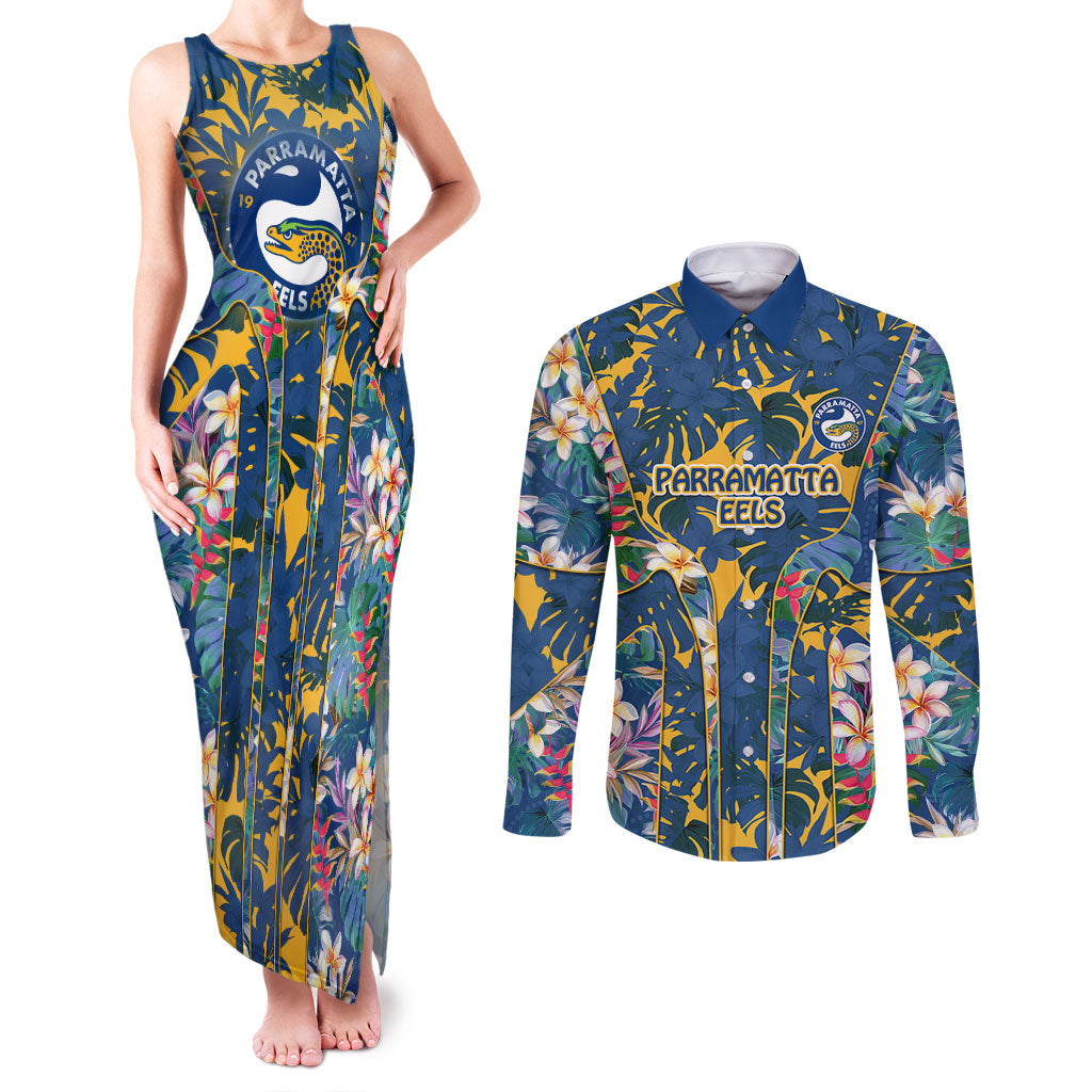 Parramatta Eels Couples Matching Tank Maxi Dress and Long Sleeve Button Shirt Tropical Hibiscus Floral Pattern With Blue And Yellow Accents