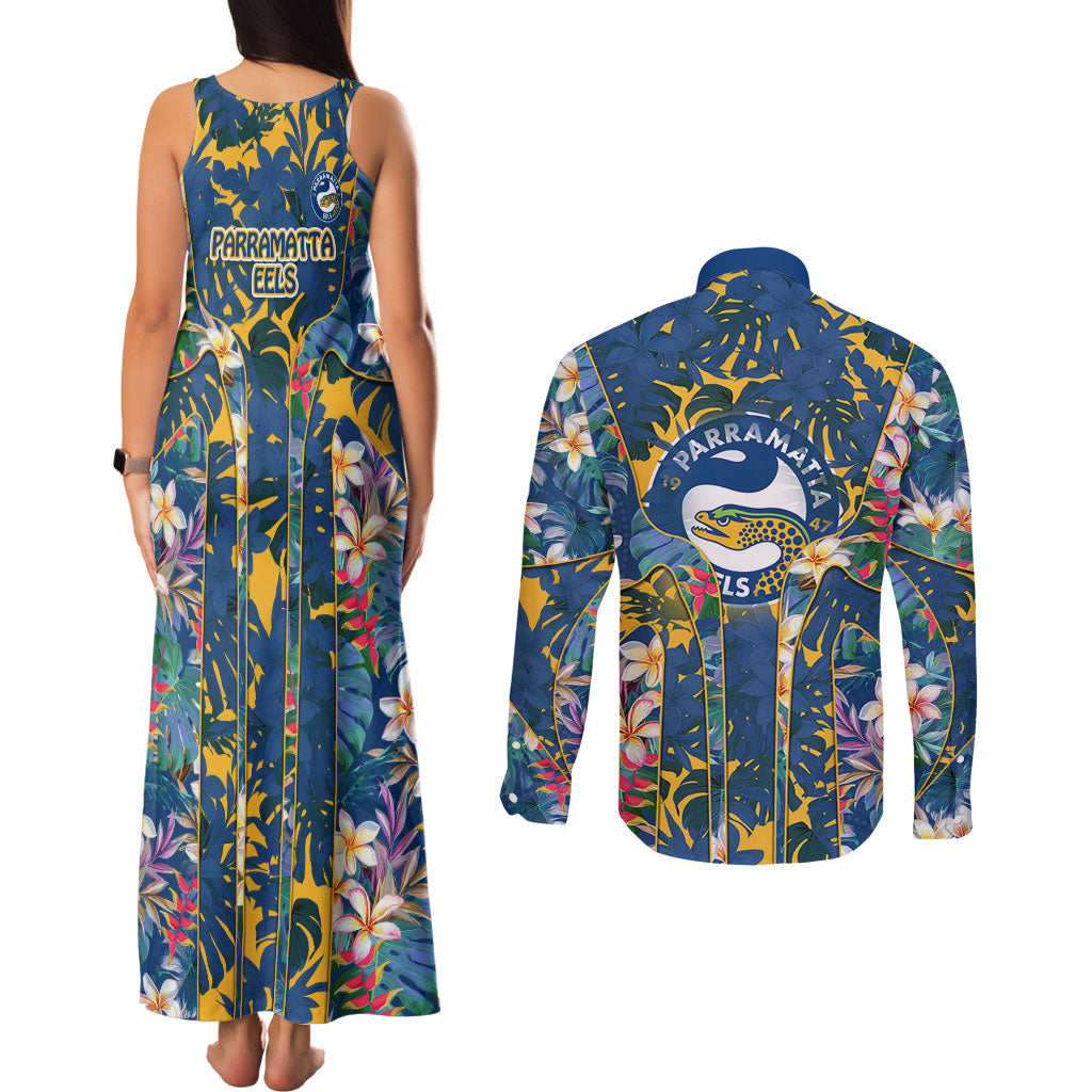 Parramatta Eels Couples Matching Tank Maxi Dress and Long Sleeve Button Shirt Tropical Hibiscus Floral Pattern With Blue And Yellow Accents