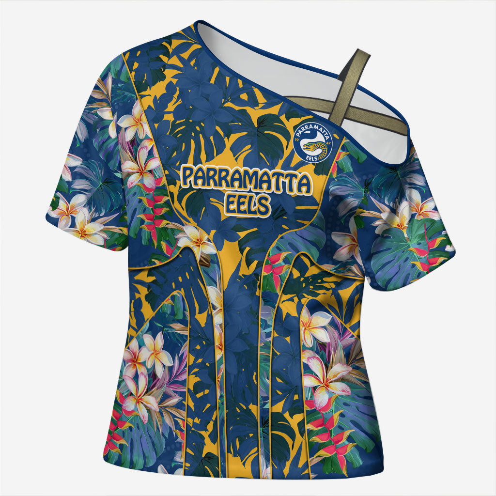 Parramatta Eels Cross Shoulder Shirt Tropical Hibiscus Floral Pattern With Blue And Yellow Accents