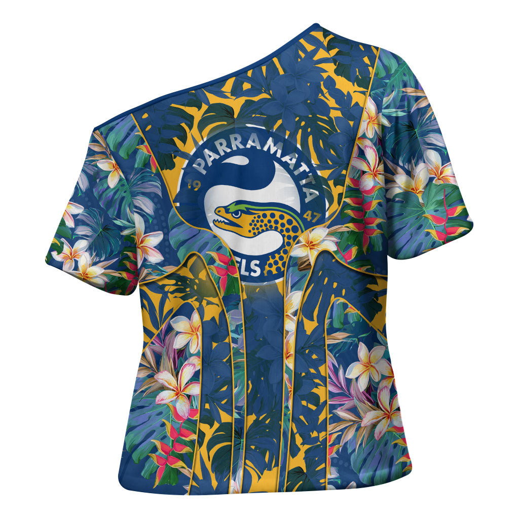 Parramatta Eels Cross Shoulder Shirt Tropical Hibiscus Floral Pattern With Blue And Yellow Accents