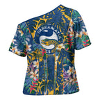Parramatta Eels Cross Shoulder Shirt Tropical Hibiscus Floral Pattern With Blue And Yellow Accents