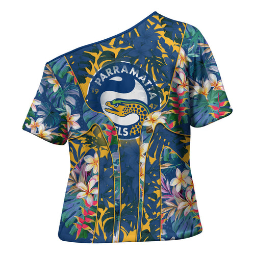 Parramatta Eels Cross Shoulder Shirt Tropical Hibiscus Floral Pattern With Blue And Yellow Accents