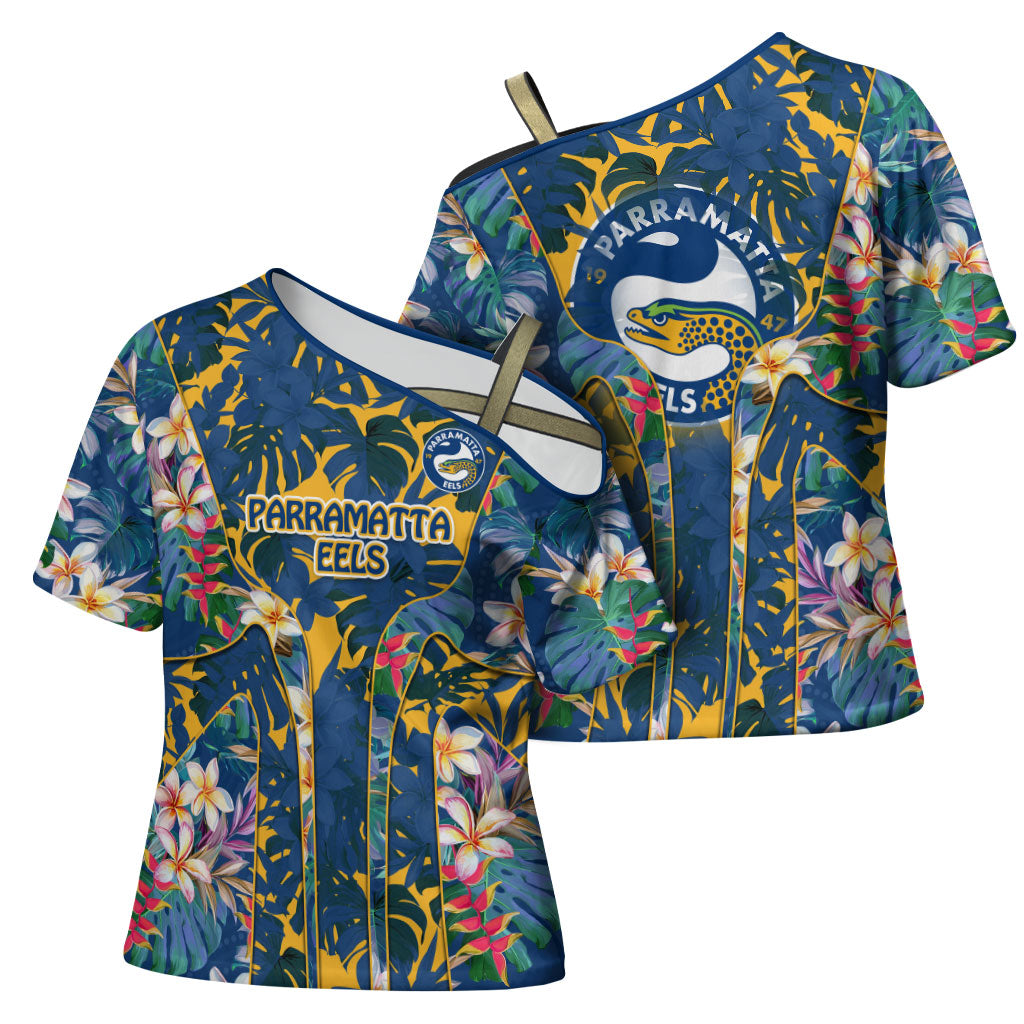 Parramatta Eels Cross Shoulder Shirt Tropical Hibiscus Floral Pattern With Blue And Yellow Accents