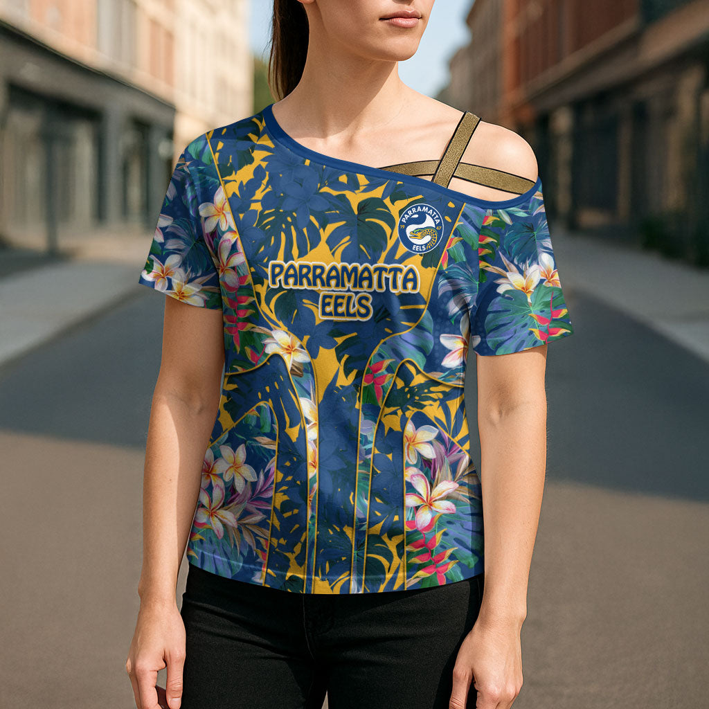 Parramatta Eels Cross Shoulder Shirt Tropical Hibiscus Floral Pattern With Blue And Yellow Accents