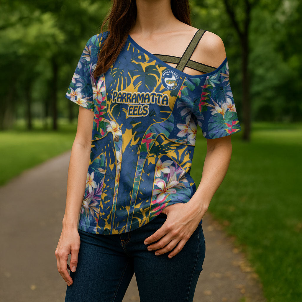 Parramatta Eels Cross Shoulder Shirt Tropical Hibiscus Floral Pattern With Blue And Yellow Accents