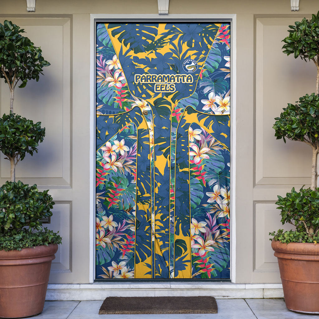 Parramatta Eels Door Cover Tropical Hibiscus Floral Pattern With Blue And Yellow Accents