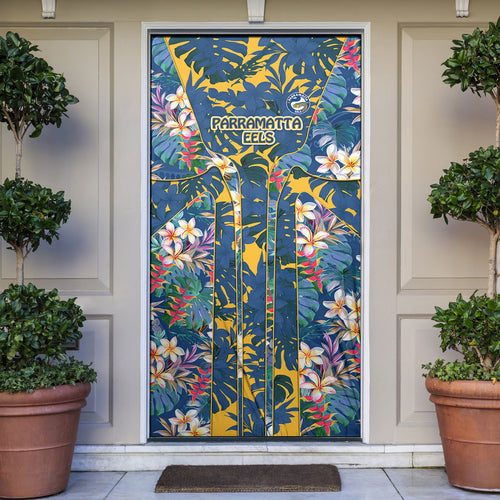 Parramatta Eels Door Cover Tropical Hibiscus Floral Pattern With Blue And Yellow Accents
