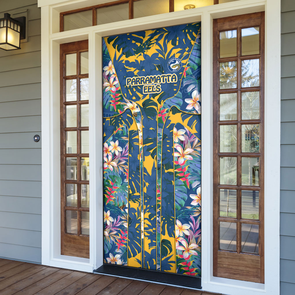 Parramatta Eels Door Cover Tropical Hibiscus Floral Pattern With Blue And Yellow Accents